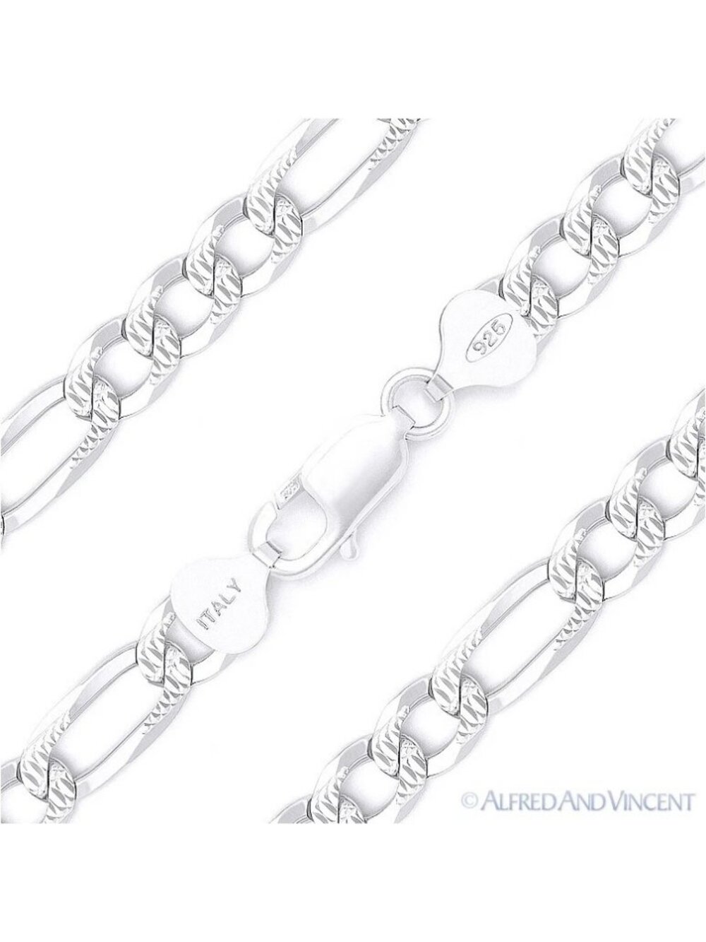 7.8mm Figaro D-Cut Pave Link Italian Chain Necklace in .925 Sterling Silver 22"
